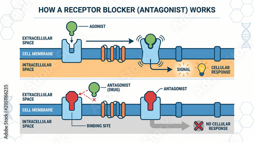 Infographic depicting how a receptor blocker antagonist functions by preventing an agonist from binding to a cell membrane receptor to inhibit the specific intracellular signal and cellular response.