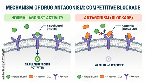 Diagram illustrating the biochemical mechanism of drug antagonism and competitive blockade within a cell membrane showing how natural ligands and antagonist drugs interact with cellular receptors.