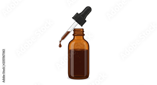 Amber glass bottle with dropper dispensing brown liquid during cosmetic formulation research