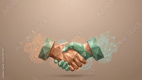 Metallic Glowing Copper Low Poly Handshake with Gears Symbolizing Industrial Partnership Trust and Innovation Perfect for Engineering Advertising Presentation and Manufacturing