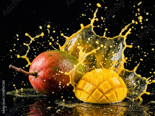Mango and mango juice splash on black screen