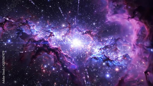Cinematic deep space nebula with vibrant purple and blue cosmic clouds and twinkling stardust moving through the galaxy