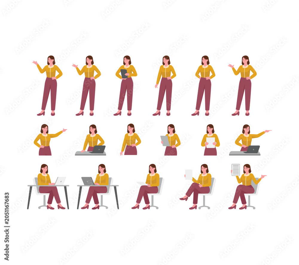 Fototapeta premium Business Woman Character Poses Collection with Office Work, Presentation and Laptop Vector Illustration Set