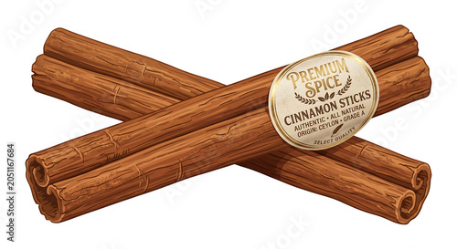 Cinnamon sticks with label on white studio lighting for culinary use and aromatherapy