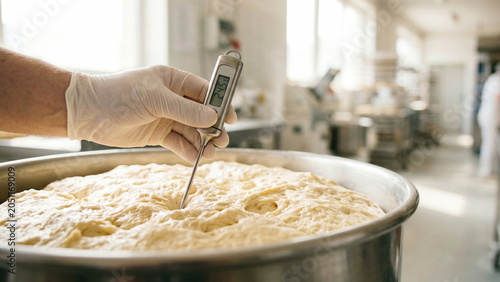 Baker checking temperature of rising dough in large metal bowl within commercial kitchen, ensuring quality control for bread making.