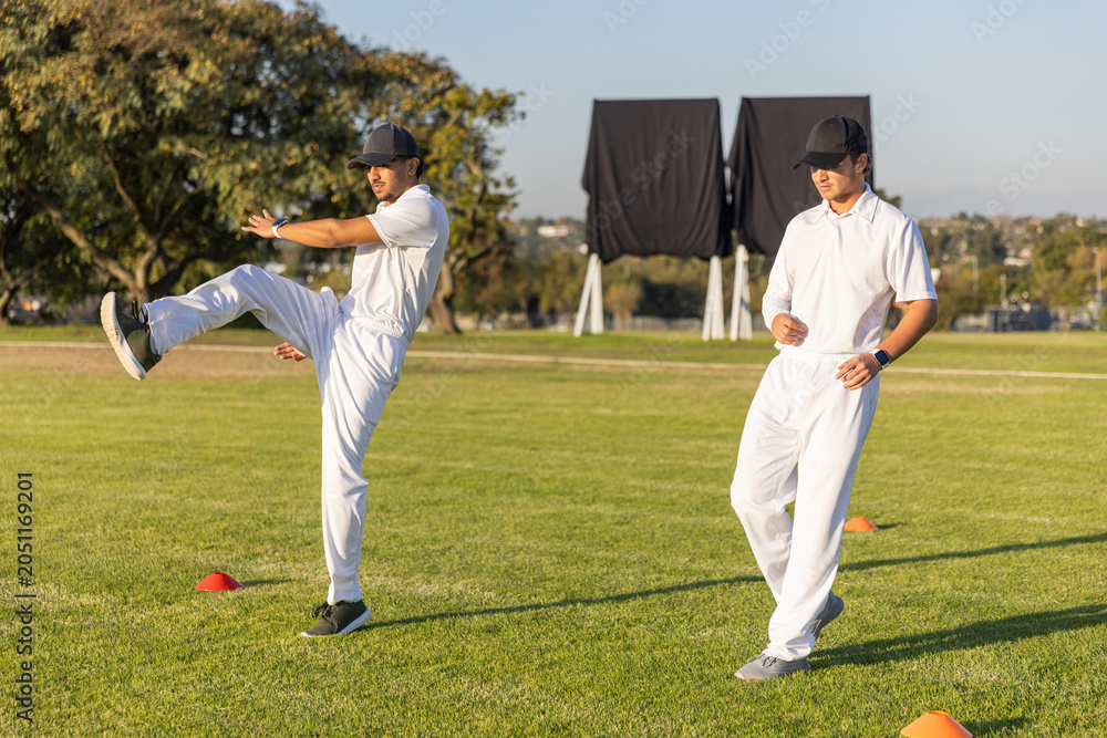 Obraz premium Diverse men training bowling and walking in white kits on pitch with orange cones, sight screens
