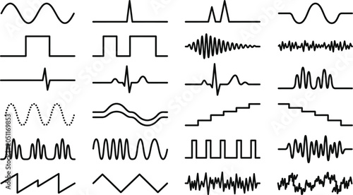 Waveforms displayed in a collection of black linear graphics illustrate various digital and analog signal types.