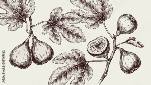 Vintage Engraving Style Illustration of Figs on a Branch with Leaves fig tree fruit