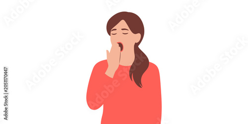 Schilderij op canvas Young woman wearing red shirt yawning and covering her mouth with her hand