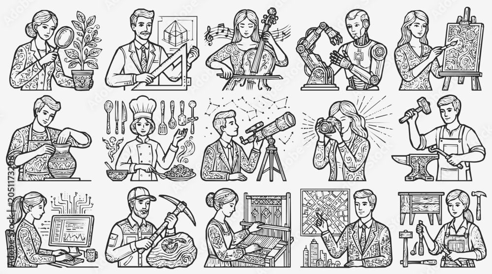 Fototapeta premium Profession illustration set featuring diverse occupations and creative hobbies showcasing artisan skills and career diversity in hand-drawn sketch