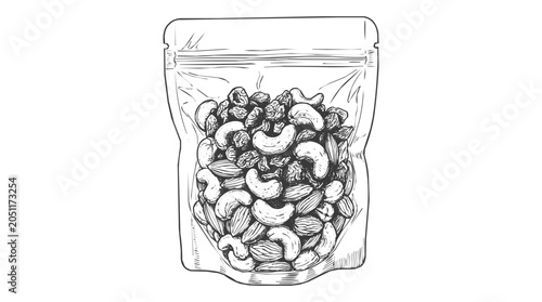 Nuts, cashew - Hand-Drawn Sketch of a Snack Pouch Filled with Trail Mix Containing Cashews, Almonds, and Dried Fruit Packaging Mockup