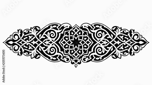 Islamic geometry, geometric pattern - Intricate Black and White Islamic Geometric Ornament, Decorative Arabesque Border Design, Elegant Arabesque