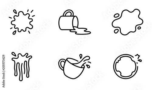Foto Spill Icons, Coffee Splash Graphics, Liquid Stain Vector Set, Beverage Mess Illu