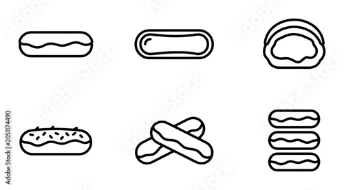 Bild auf Leinwand Eclair Icons Set, Pastry Vector Graphics, Sweet Dessert Line Art Collection, Foo