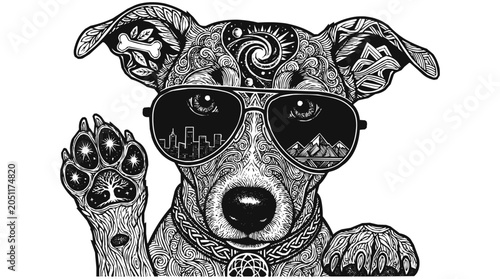 Intricate Mandala Dog Illustration wearing Sunglasses with Zentangle Patterns and Scenic Reflections for Creative Pet Art