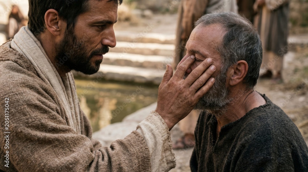 Obraz premium Jesus healing a blind man with light emanating from his hands. Biblical scene depicting miracle and faith in ancient village