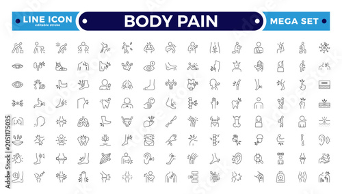 Bild auf Leinwand Body pain Outline icon set with Cough, Pain, Insomnia, Fatigue, Obesity, Stress, Diarrhea, Rash, Sore Throat, and Health Condition Symbols for Healthcare
