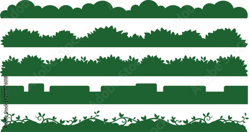 Green bush silhouettes set, flat garden hedge borders and shrubbery vector elements, nature landscape dividers for park and backyard design