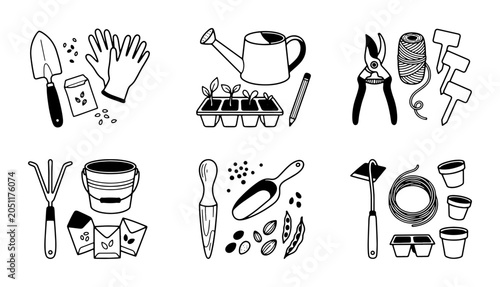 Foto Gardening Tools & Supplies Vector Icons, Seedling Starters, Planting Essentials,