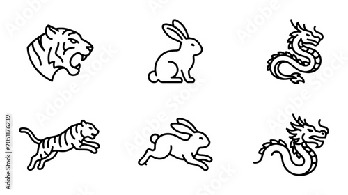 Schilderij op canvas Chinese Zodiac Animals Vector Icons: Tiger, Rabbit, Dragon Line Art Set