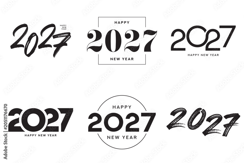 Fototapeta premium Trendy 2027 Happy New Year logo set. 2027 Happy New Year symbol collection. Vector minimalist black 2027 New Year labels. Holiday symbols for greeting card, brochure, poster, branding and printing.