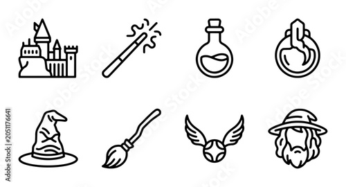 Quadro su tela Magic Icons Set: Castle, Wand, Potion, Ring, Hat, Broom, Golden Snitch, Wizard V