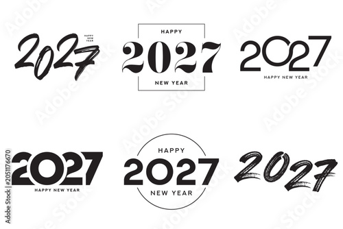 Trendy 2027 Happy New Year logo set. 2027 Happy New Year symbol collection. Vector minimalist black 2027 New Year labels. Holiday symbols for greeting card, brochure, poster, branding and printing.