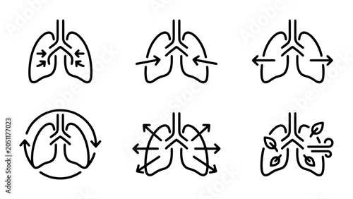 Фотография Respiratory System Icons, Lung Function Diagrams, Breathing Process Illustration