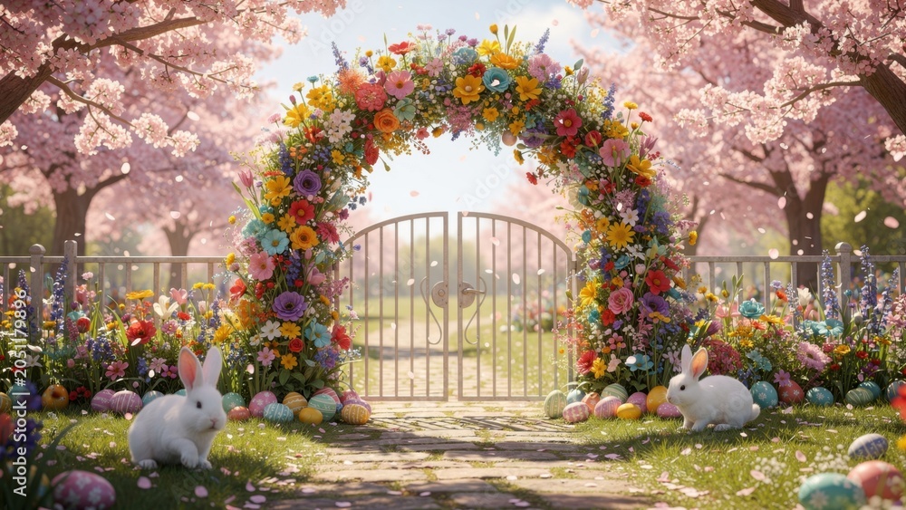 Fototapeta premium Enchanting Easter garden entrance with a vibrant floral archway, white rabbits, and colorful eggs surrounded by blossoming cherry trees under soft pastel sunlight for a magical spring celebration.