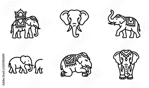 Tableau sur toile Elephant Icons Set, Indian Culture Symbols, Majestic Animal Graphics, Vector Art
