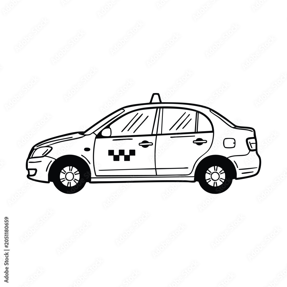 Fototapeta premium Simple black and white line art drawing of a taxi cab with a checkerboard logo on the side, viewed in profile.