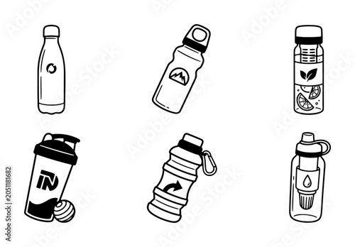 Foto Modern Water Bottles, Sports Shakers, Collapsible Containers, 6 Vector Icons Set