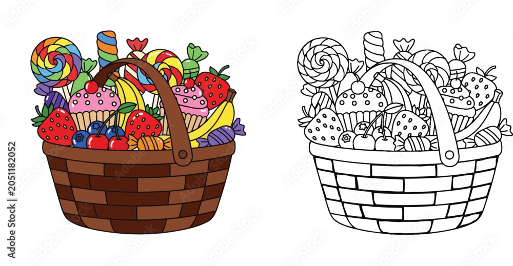 Fototapeta premium Sweet Treats Basket: Delicious Candies, Fruits, and Cupcakes for a Festive Occasion