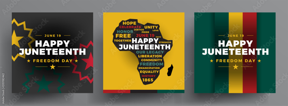 Obraz premium Happy Juneteenth Freedom Day social media background templates - vector illustration with Pan-African flag colors and word cloud Juneteenth day conceptual typography design - black, green, red, gold