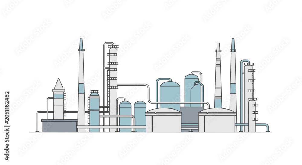 Obraz premium Industrial complex illustration with various structures and elements on white