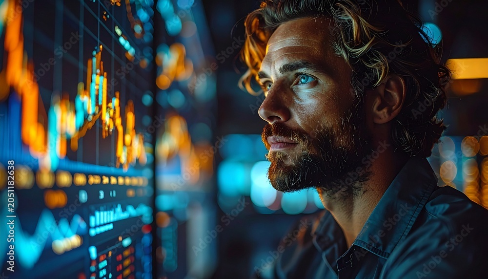 Obraz premium Engineer Analyzing Holographic Financial Chart Data
