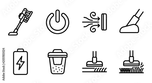 Fotografie Vacuum Cleaner Icons, Cordless Device Set, Cleaning Tools, Power Button, Battery