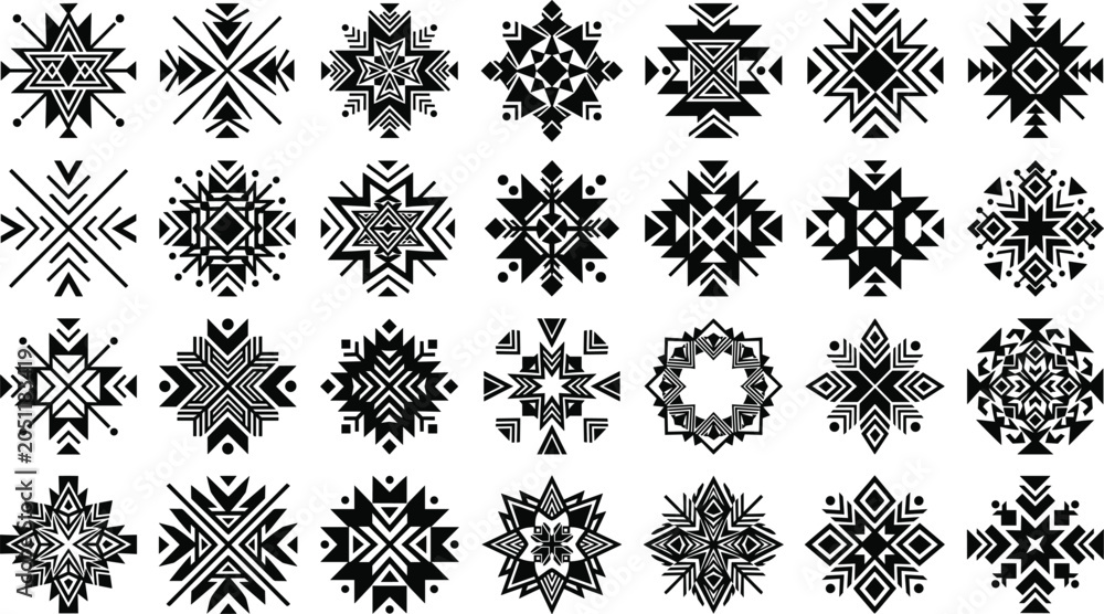 Obraz premium Geometric Snowflake Ornament Collection with Tribal Mandala Patterns Decorative Symmetry and Abstract Vector Design Elements