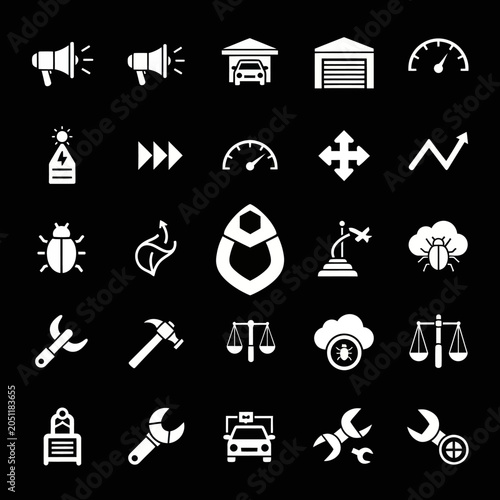 Set of White Icons on Black Background: Technology, Tools, Business & Automotive