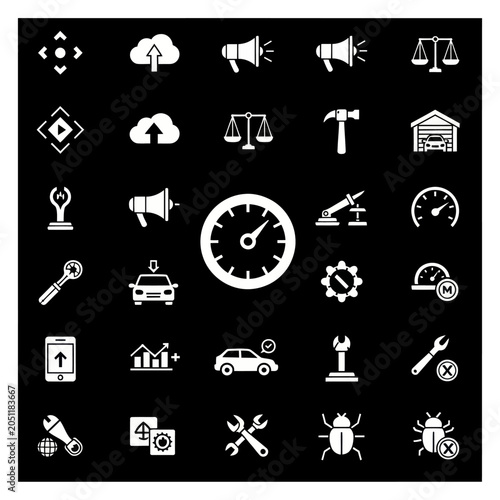 Set of White Icons on Black Background: Technology, Tools, Business, and More