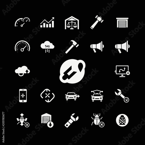 Set of White Icons on Black Background: Technology, Business, and Tools