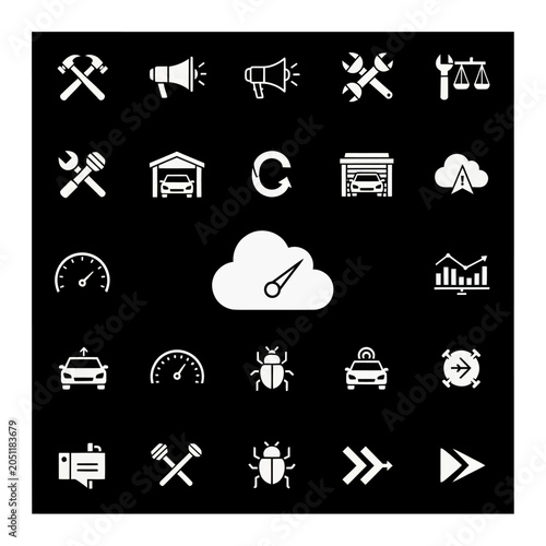 Set of White Icons on Black Background: Tools, Cars, Cloud, Speedometer, Analytics
