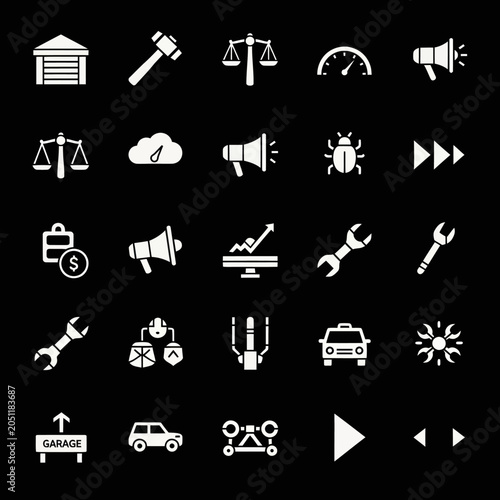 Set of White Icons on Black Background: Tools, Business, Technology, and Transport Icons