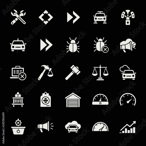 Set of White Icons on Black Background: Tools, Arrows, Cars, Bugs, Law, Speedometer