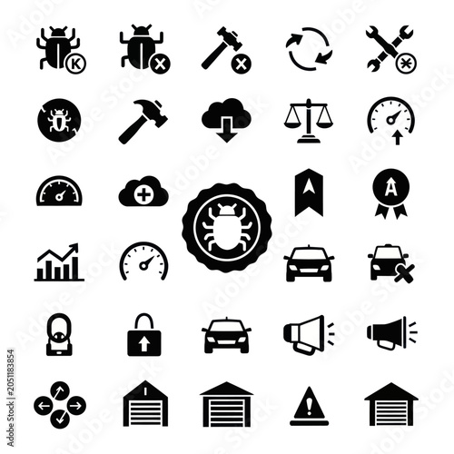 Software Bug Icons: Debugging, Testing, Car, Cloud, Scale, Speed, Garage, Security