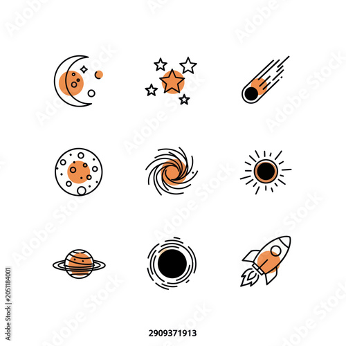 Space Icons: Moon, Sun, Stars, Rocket, Planets, Black Hole, Comet