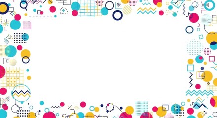 Abstract geometric shapes frame with colorful elements and blank white copy space.