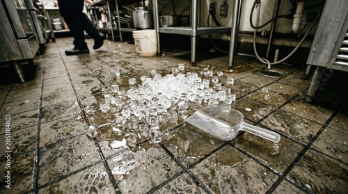 Ice Cubes Spilled on Grimy Restaurant Kitchen Floor with Ice Scoop