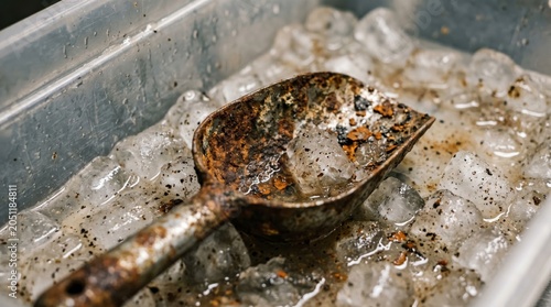 Rusted Metal Ice Scoop in Contaminated Melting Ice Bin