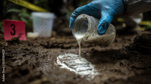 A crime scene investigator casts a footwear impression in wet soil pouring white plaster from a jar next to a red evidence number marker outdoors